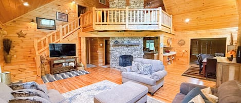 Smart TV, fireplace, books