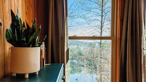 A window with a view of trees and a body of water, a potted plant on a desk, and curtains on the window. - Black Bear Lodge at gorgeous Lake Jocassee (Salem)