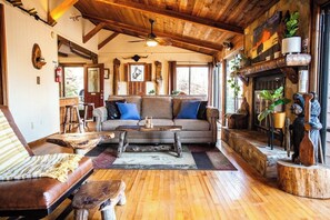 Televisio, takka, DVD-soitin, kirjoja