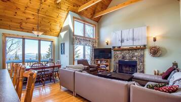 TV, fireplace, books