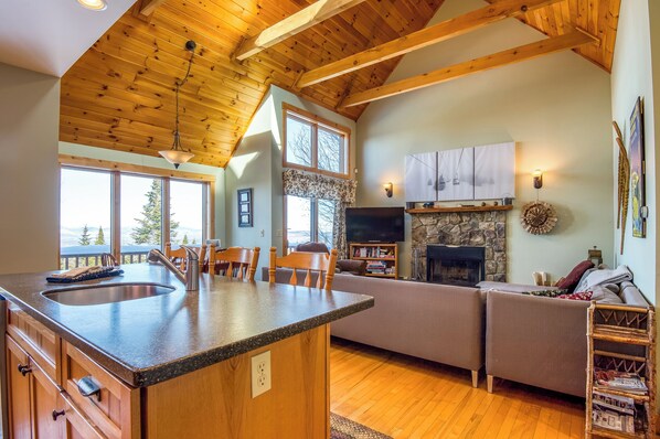 TV, fireplace, books