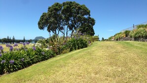 A well-maintained grassy area with a large tree and flowering plants. - By The Harbour (Tauranga)