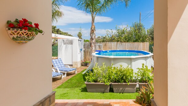 Un jardin à l’arrière de la maison avec une piscine, un palmier et un petit espace aménagé avec des plantes en pot.