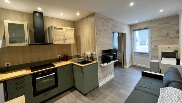 A modern kitchen with wooden cabinets, a built-in oven, and a sink. There is a dining area with a sofa and a TV. - STUDIO LILOU (Lons-le-Saunier)