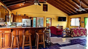 A spacious kitchen with wooden cabinets, a large island with stools, a red armchair, and a television. - Gold Standard: Private Home, Infinity Pool on the Beach & Reef View (San Pedro Town)