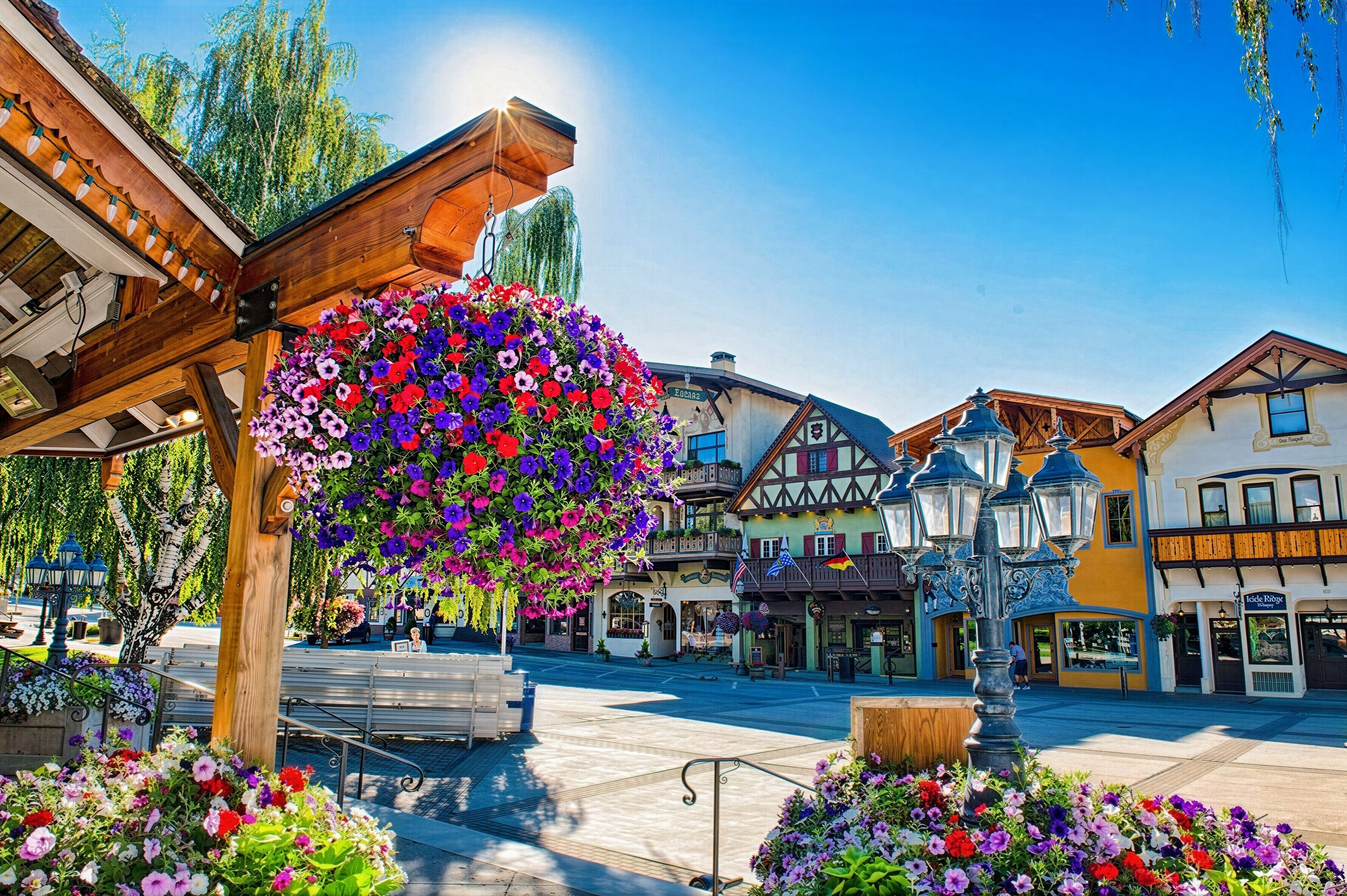 Sunny Bavarian-style plaza steps from shops, cafes, and galleries