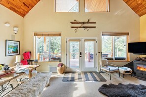 Smart TV, chimenea, libros y biblioteca musical 