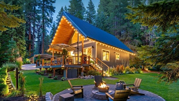A cabin with a deck, outdoor seating, and a fire pit.