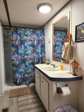 Combined shower/tub, hair dryer, towels, soap