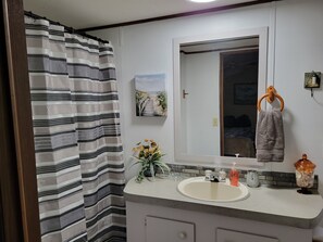 Un baño con cortina de ducha a rayas, un lavabo con espejo, un perchero y una planta pequeña.