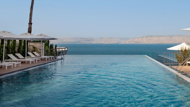 Una piscina con sillones de descanso y sombrillas, una palmera y vistas al mar y las montañas.