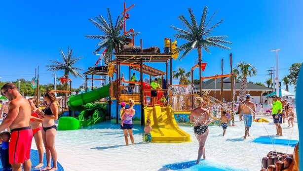 A water park with slides and pools, palm trees, and people enjoying the facilities. - b6 sun and sand, B6 Oceanfront Ocean Lakes (Myrtle Beach)