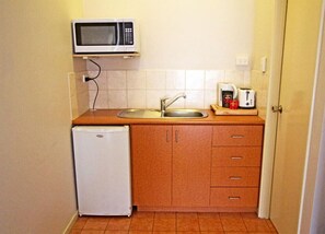 Fridge, microwave, coffee/tea maker, toaster