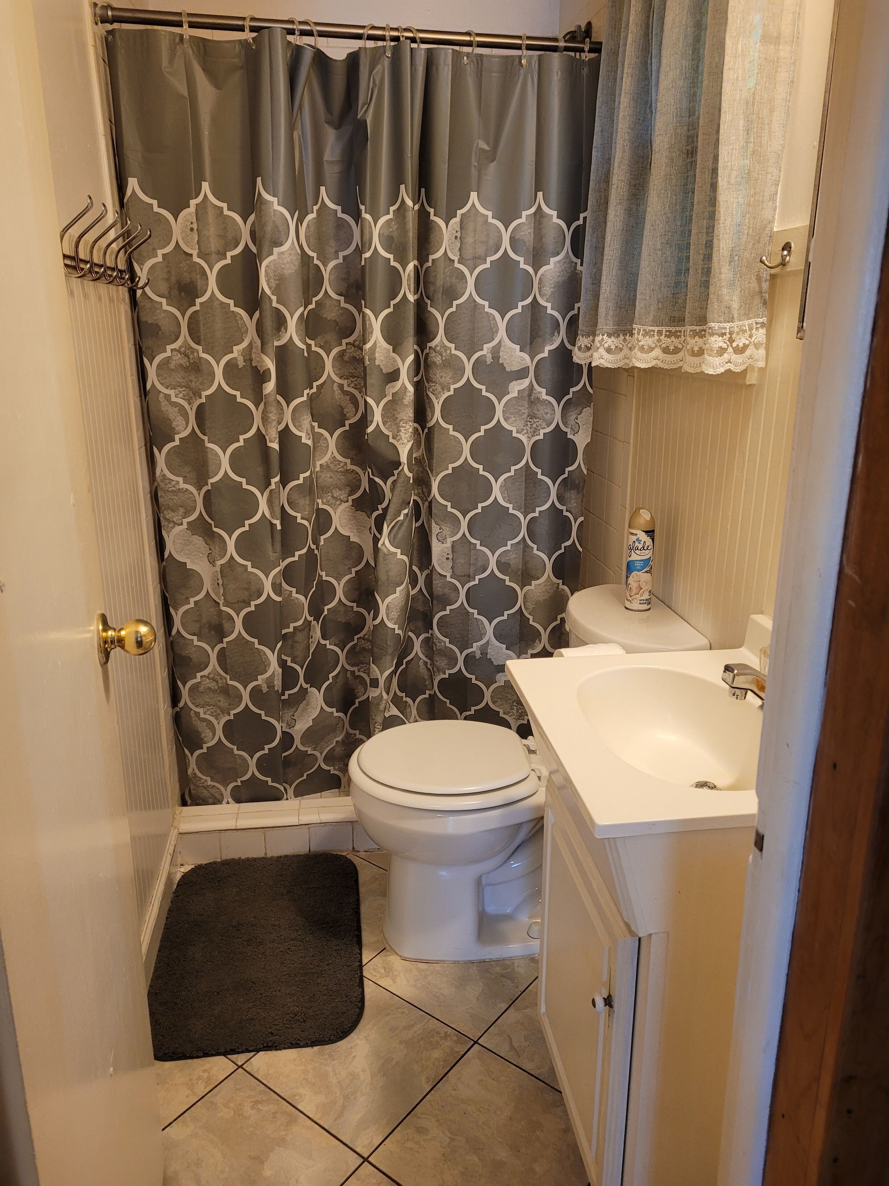 Shower, towels, soap, shampoo