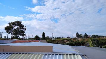 A rooftop with corrugated metal roofing, a large tree, and a distant view of a residential area with houses and greenery.
