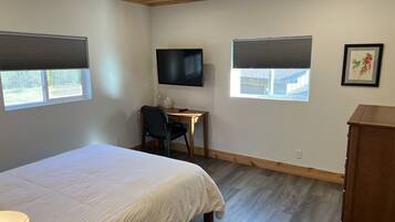 Une chambre à coucher comprenant un lit, un bureau, une chaise, un téléviseur et deux fenêtres équipées de stores.
