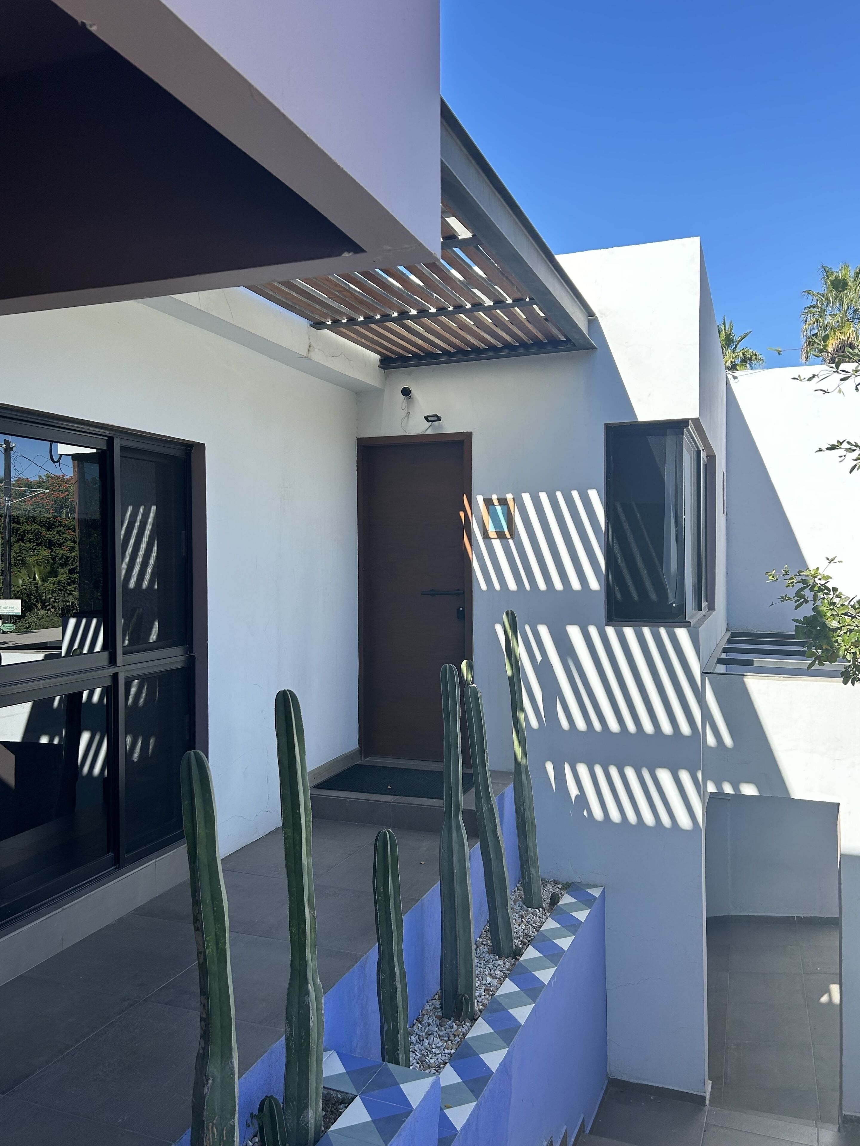 Un edificio moderno con fachada blanca, una pérgola de madera y un jardín de cactus.