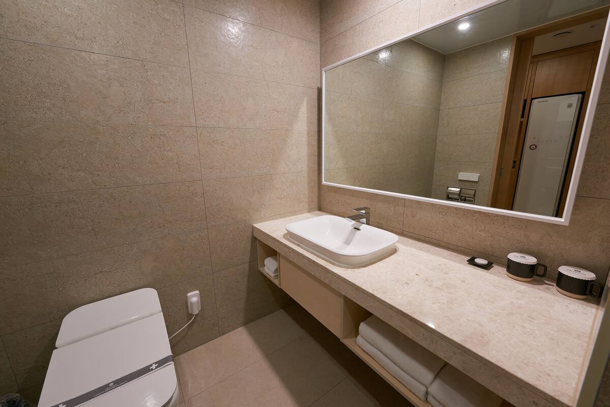 hair dryer, bathrobes, slippers, bidet