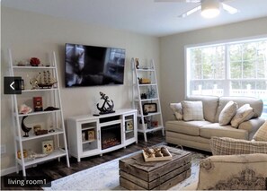 Smart TV, fireplace, video games, DVD player