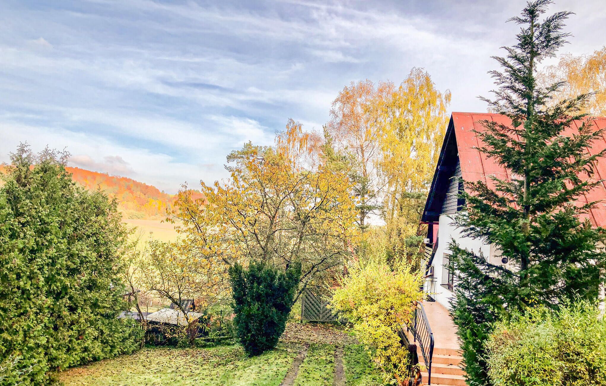 Ein Wohngebiet mit einem Haus mit rotem Dach, umgeben von verschiedenen Bäumen und Sträuchern.