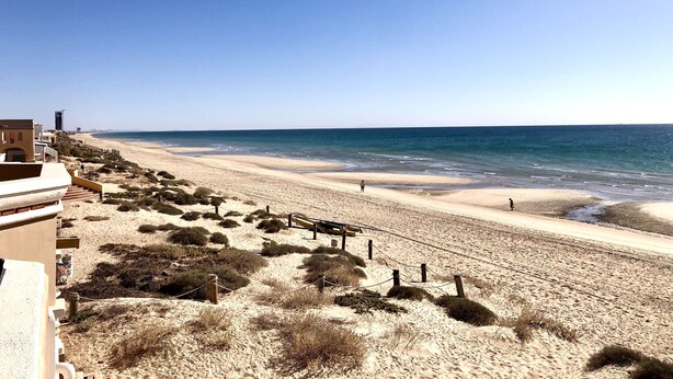 Une plage avec un sentier de sable, une clôture en bois et un bâtiment en arrière-plan.