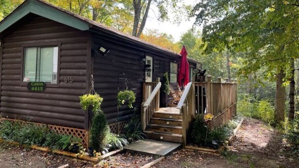 A cabin with a wooden exterior, a set of stairs leading to a deck, and a small garden area with plants and a hanging planter.