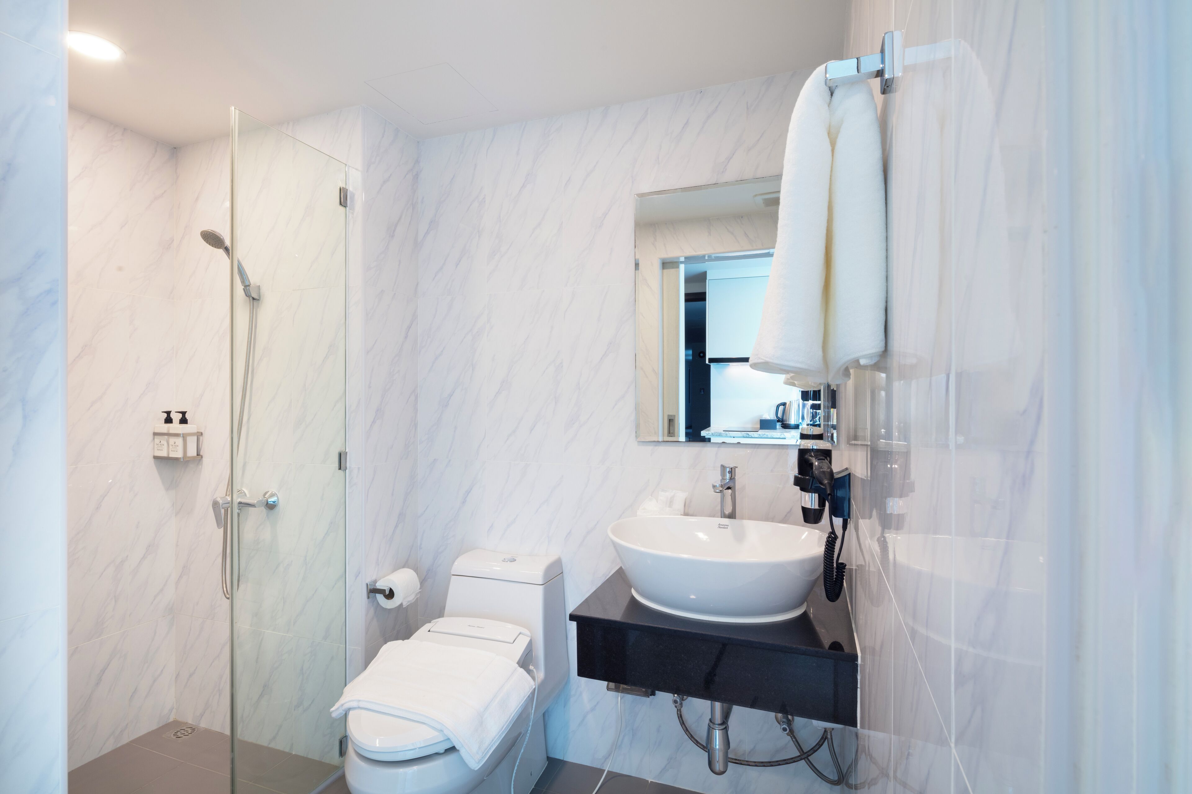 Un baño moderno con ducha de vidrio, inodoro blanco y lavamanos negro con un espejo encima.