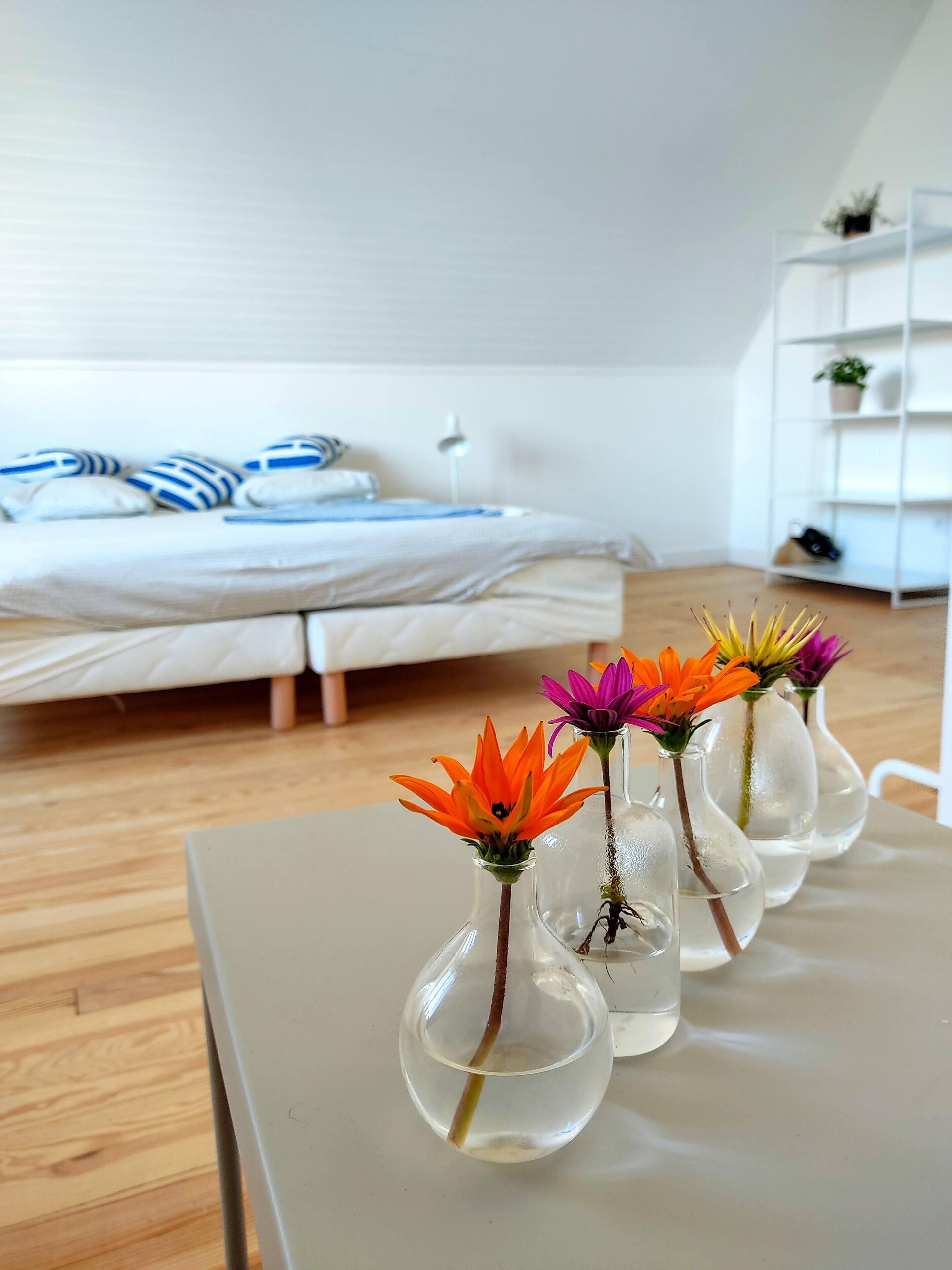 Quarto com cama, mesa de cabeceira e prateleira branca com uma planta.
