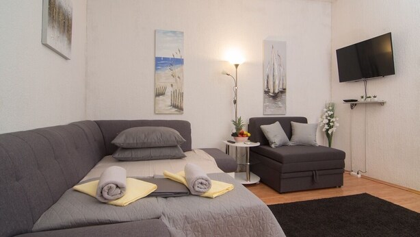 Un salon moderne avec un canapé gris, un fauteuil gris plus petit, un tapis noir et un téléviseur à écran plat fixé au mur.