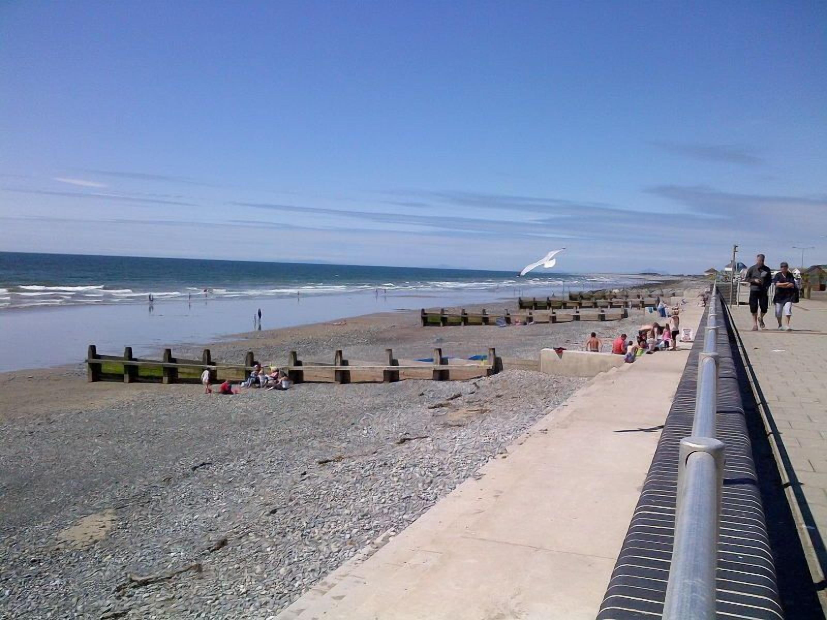 A beach with a walkway, people walking, and a seagull flying.