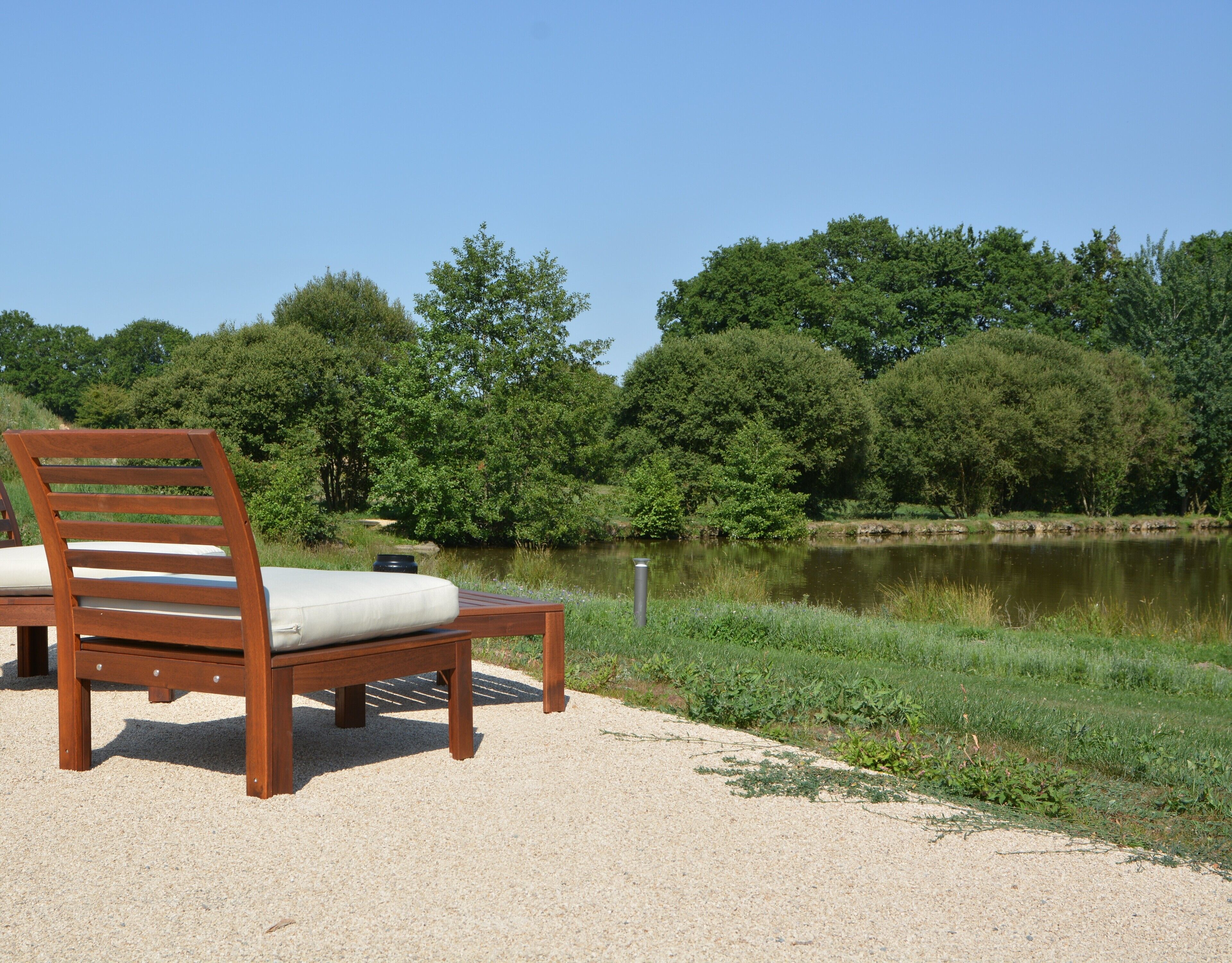 A wooden bench with a cushion by a lake, surrounded by trees and a clear sky.