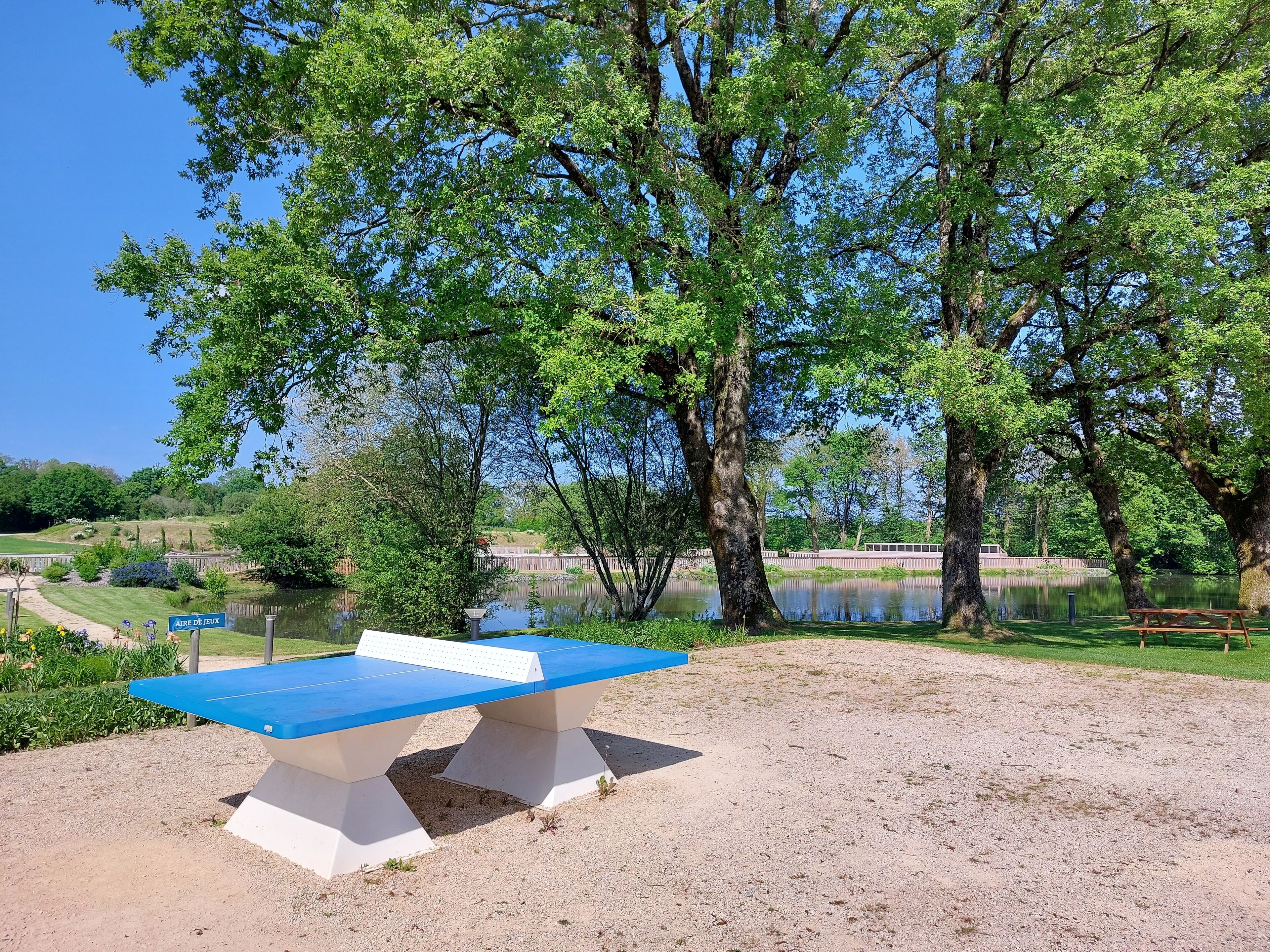 A picnic table with a blue top and white base, surrounded by trees and a lake.
