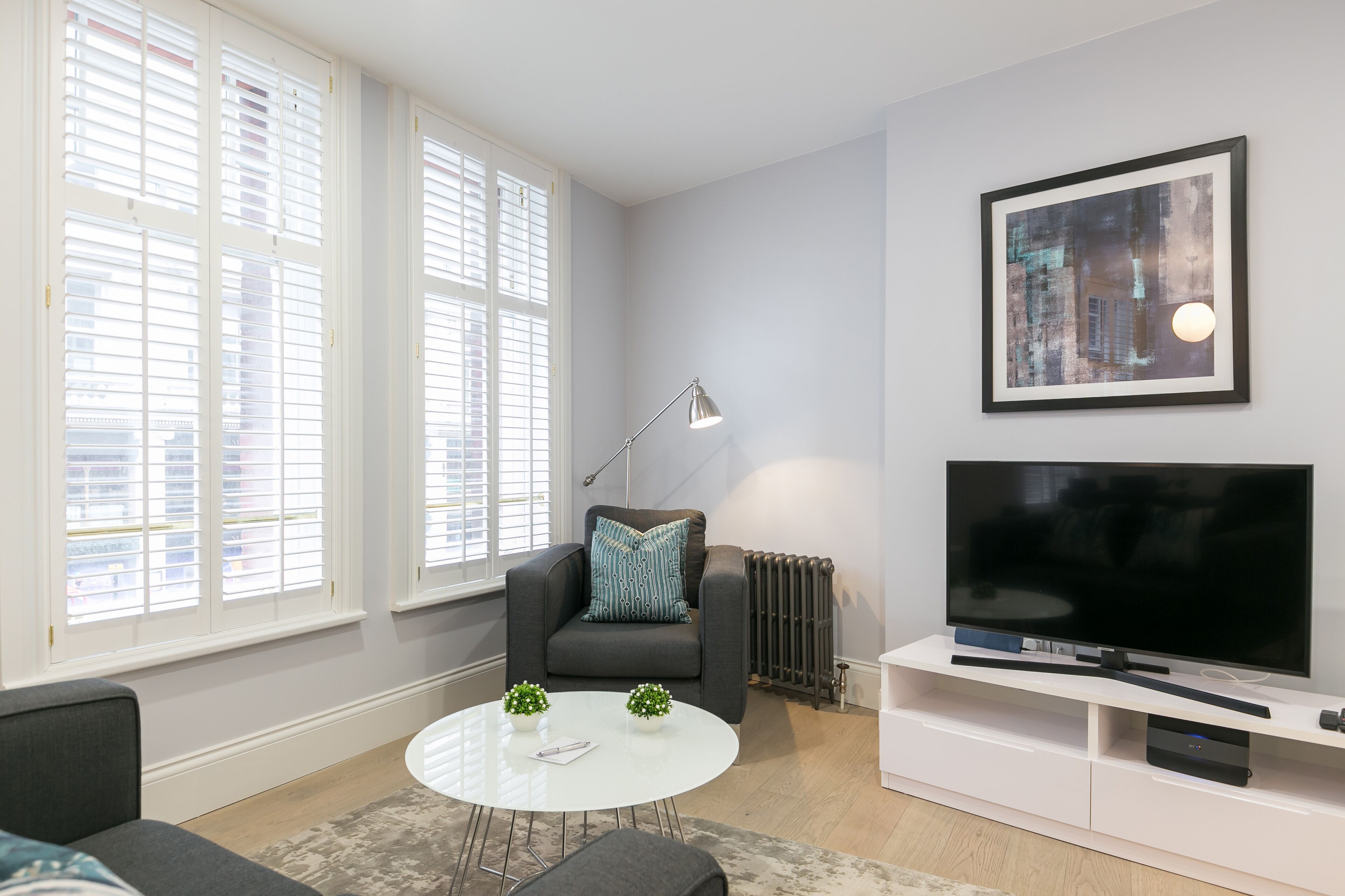 A modern living room with a large flat-screen TV, a grey sofa, a white coffee table, and a radiator.