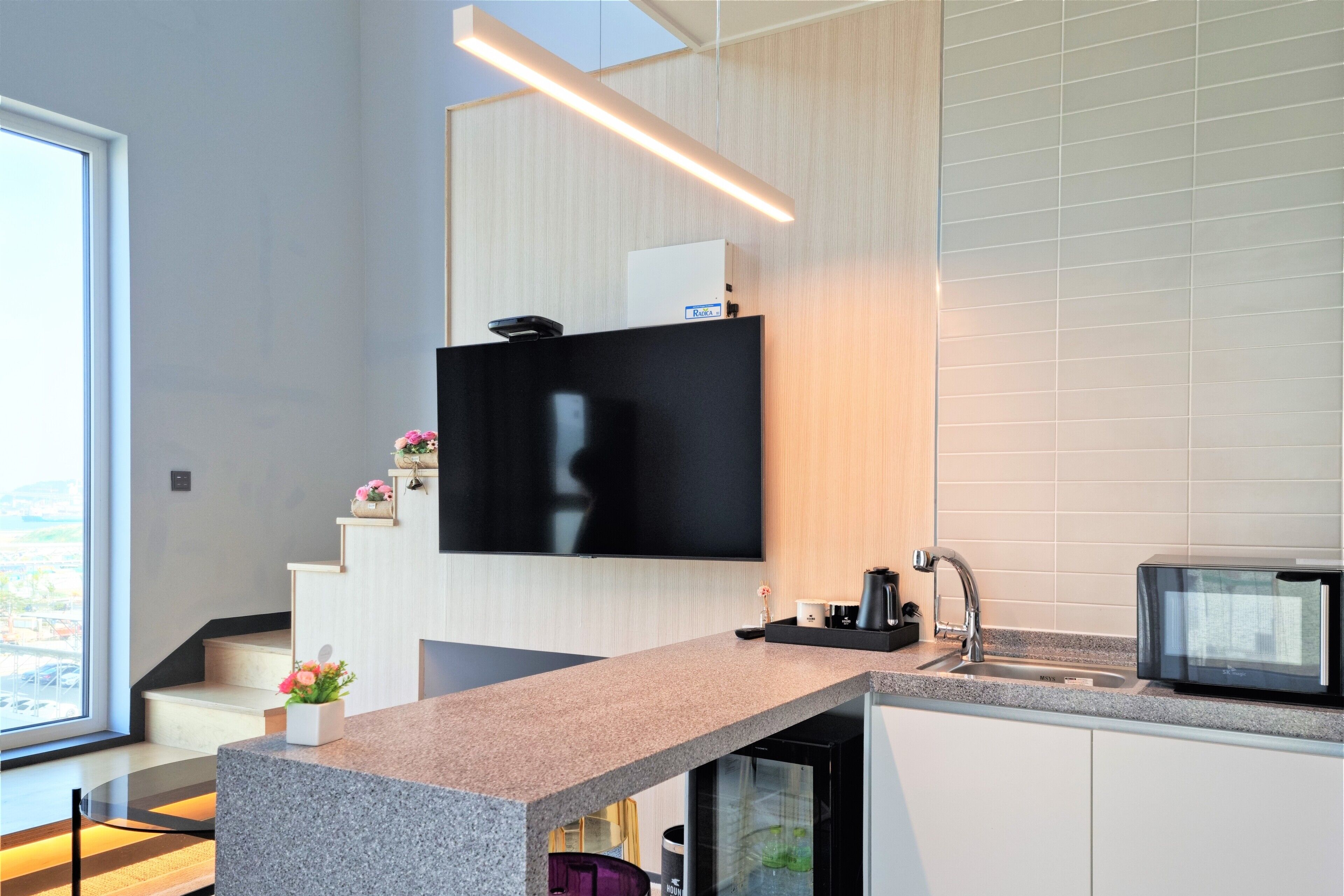 mini-fridge, microwave, electric kettle