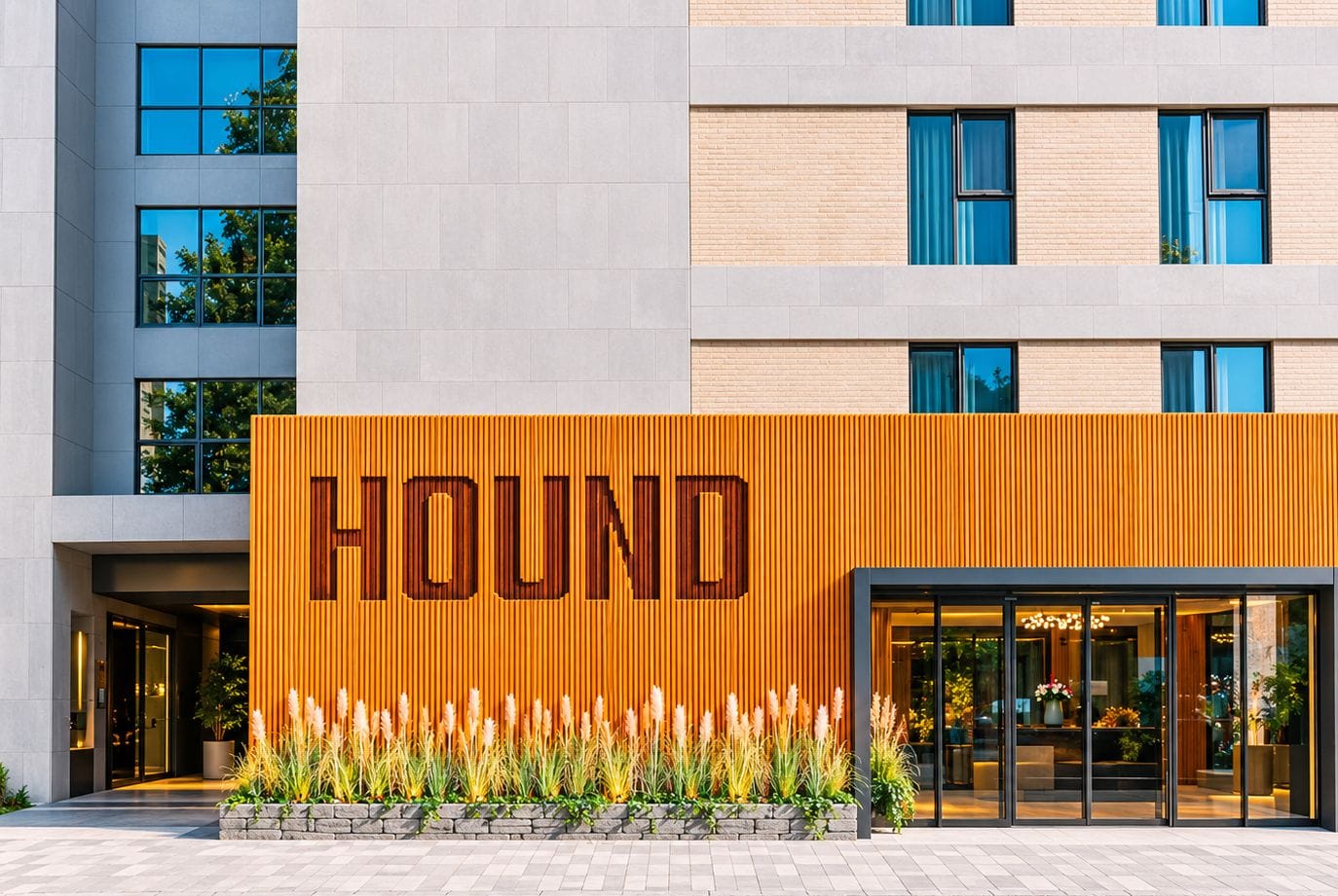A modern building with a prominent 'HOUND' sign on the facade, featuring a vertical wooden panel design and a landscaped entrance with ornamental grasses.