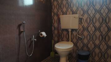 Shower, towels, soap, toilet paper