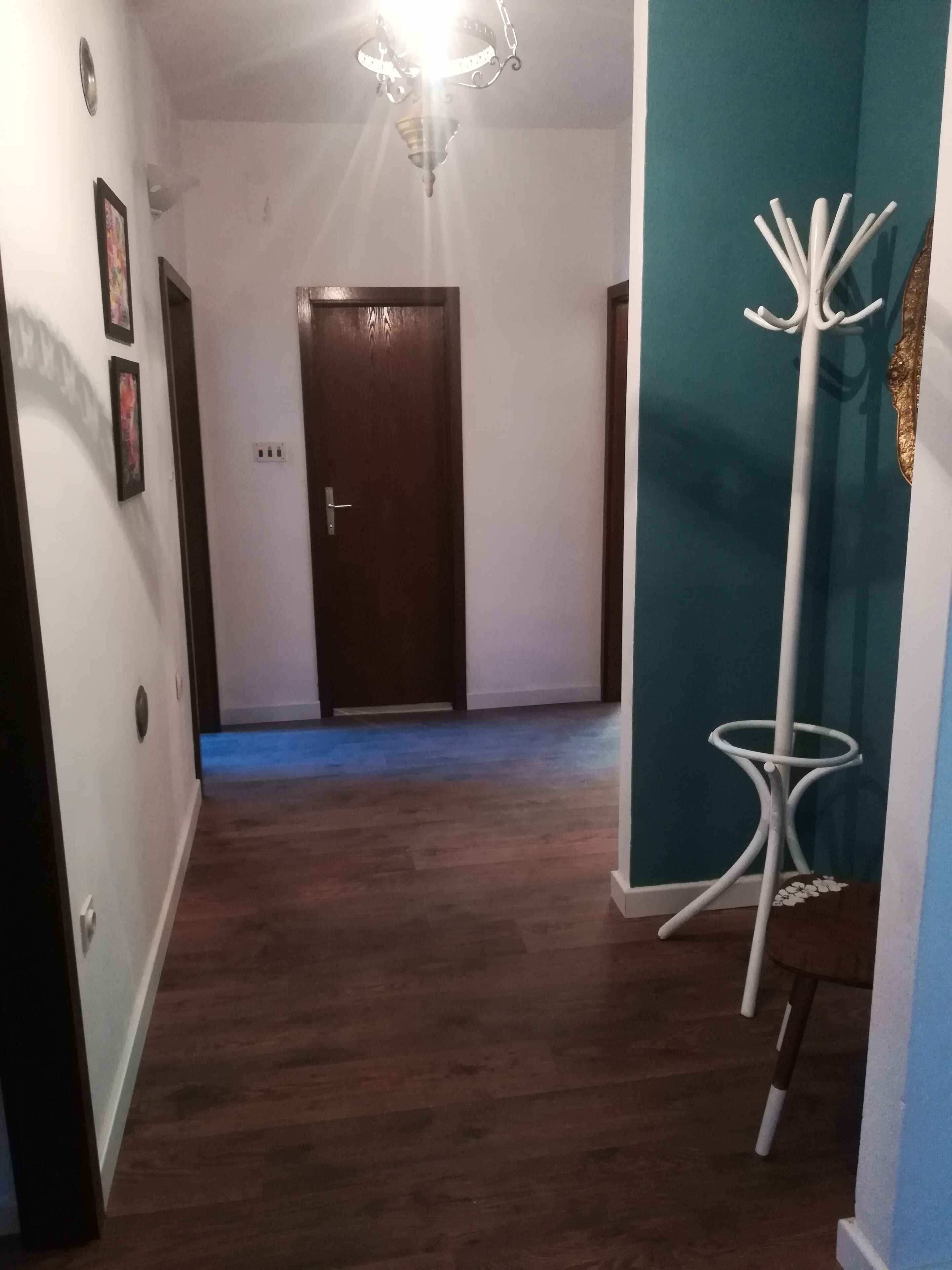 Un couloir doté d’un plancher en bois, d’un lustre, d’une porte au fond et d’un porte-manteau blanc.