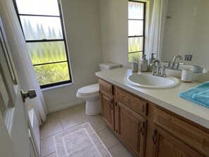 Combined shower/tub, hair dryer, towels, toilet paper