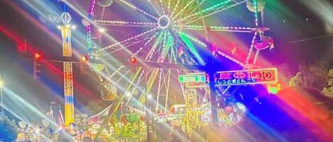 A Ferris wheel with colorful lights at night.