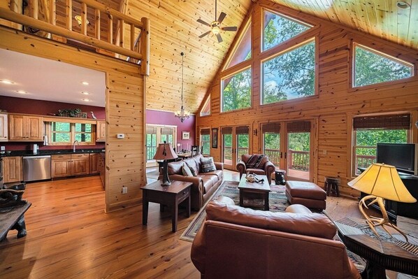 TV, fireplace, books