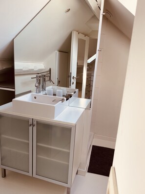 Appartement Classique, 1 lit double et 1 canapé-lit | Salle de bain | Douche, sèche-cheveux, savon, shampoing