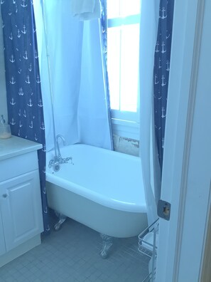 Bathtub, hair dryer, towels, toilet paper