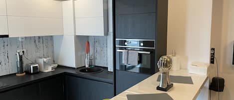 Premier Apartment | Private kitchen | Full-size fridge, microwave, oven, stovetop