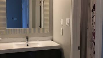 Combined shower/bathtub, hair dryer, towels, soap