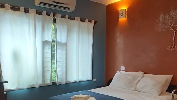 Een slaapkamer met een bed, een plafondventilator, een airconditioning, een raam met gordijnen en een wandlamp.
