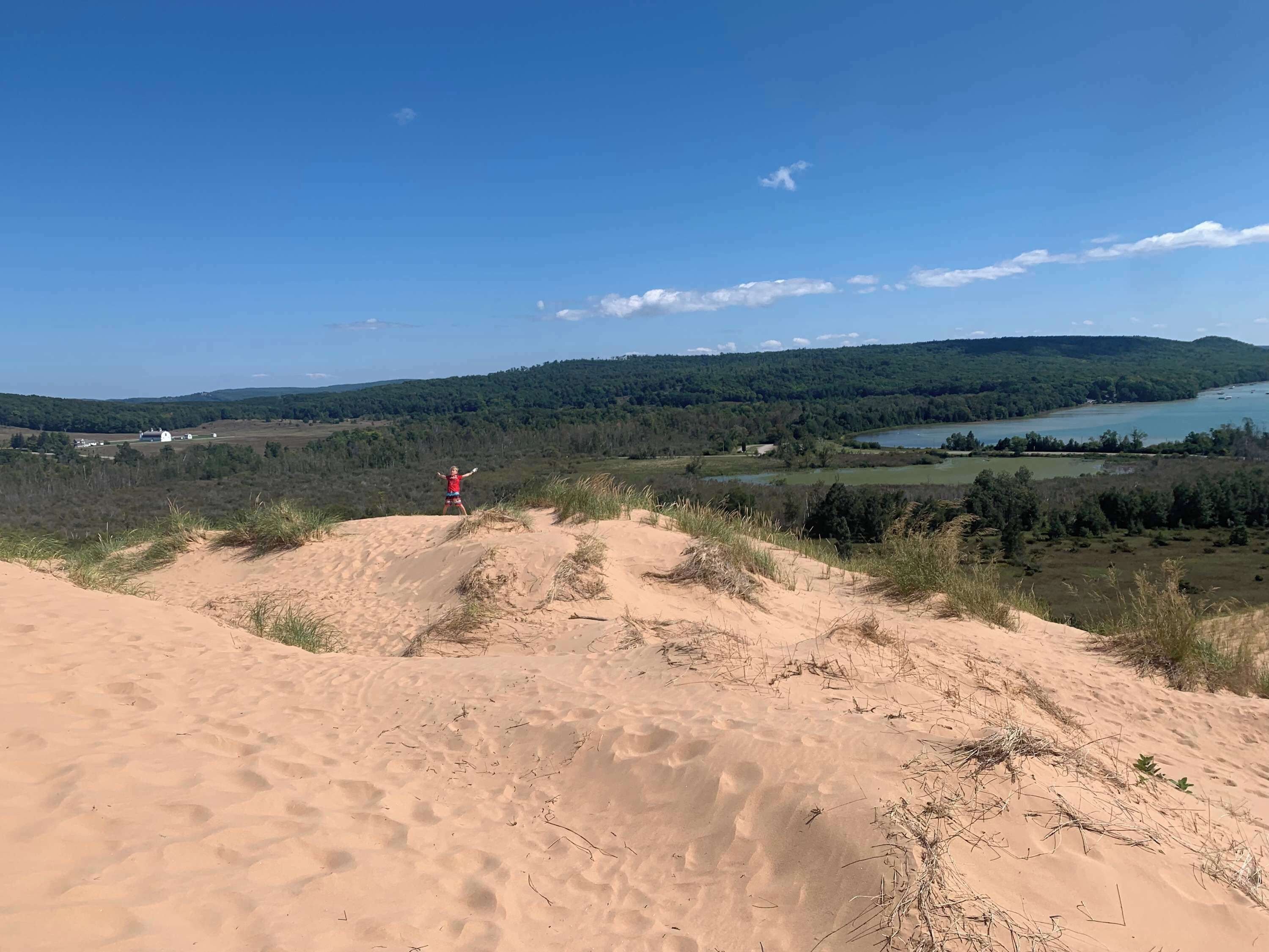 Eine Landschaft mit einer Person, die auf einer Düne steht, einem Gewässer und bewaldeten Hügeln im Hintergrund.