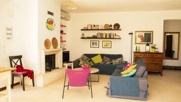 Smart TV, fireplace, books, offices