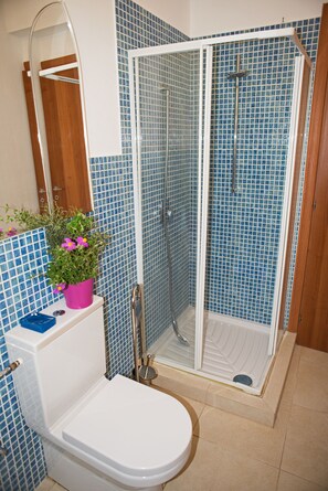 Douche, sèche-cheveux, bidet, serviettes fournies