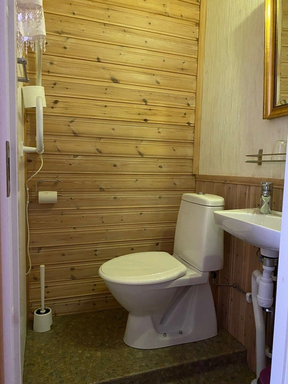 A small bathroom with a wooden wall, a white toilet, a sink, and a mirror.