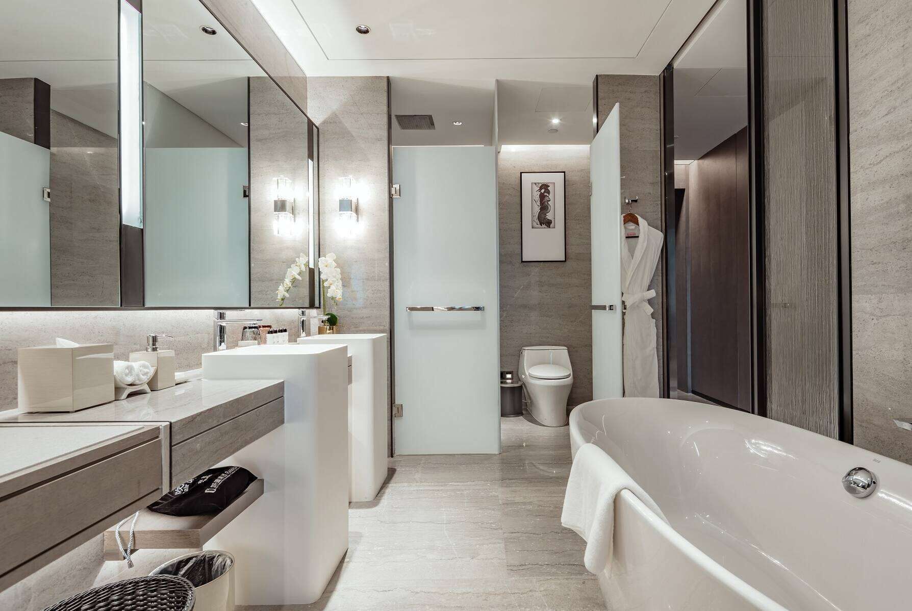 Hair dryer, bathrobes, slippers, towels